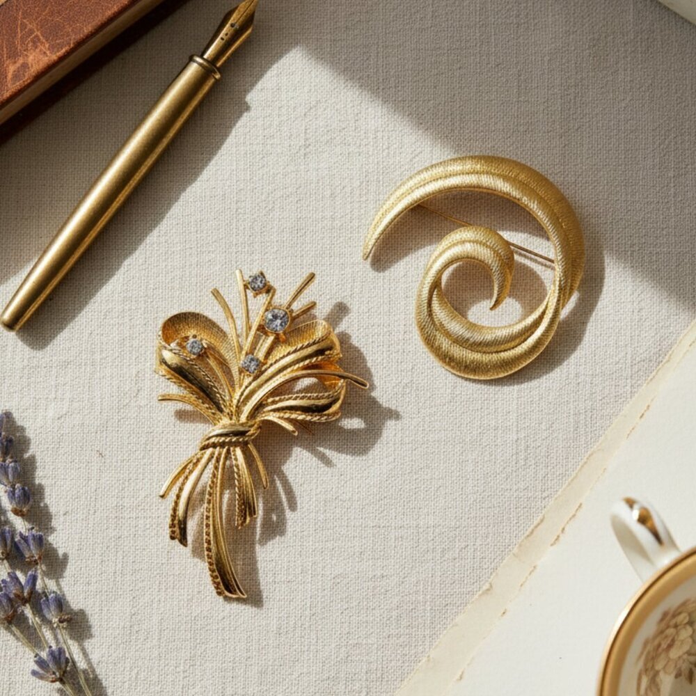 🌟 Vintage Gold-Tone Brooch Bundle - Set of 2 Statement Pins